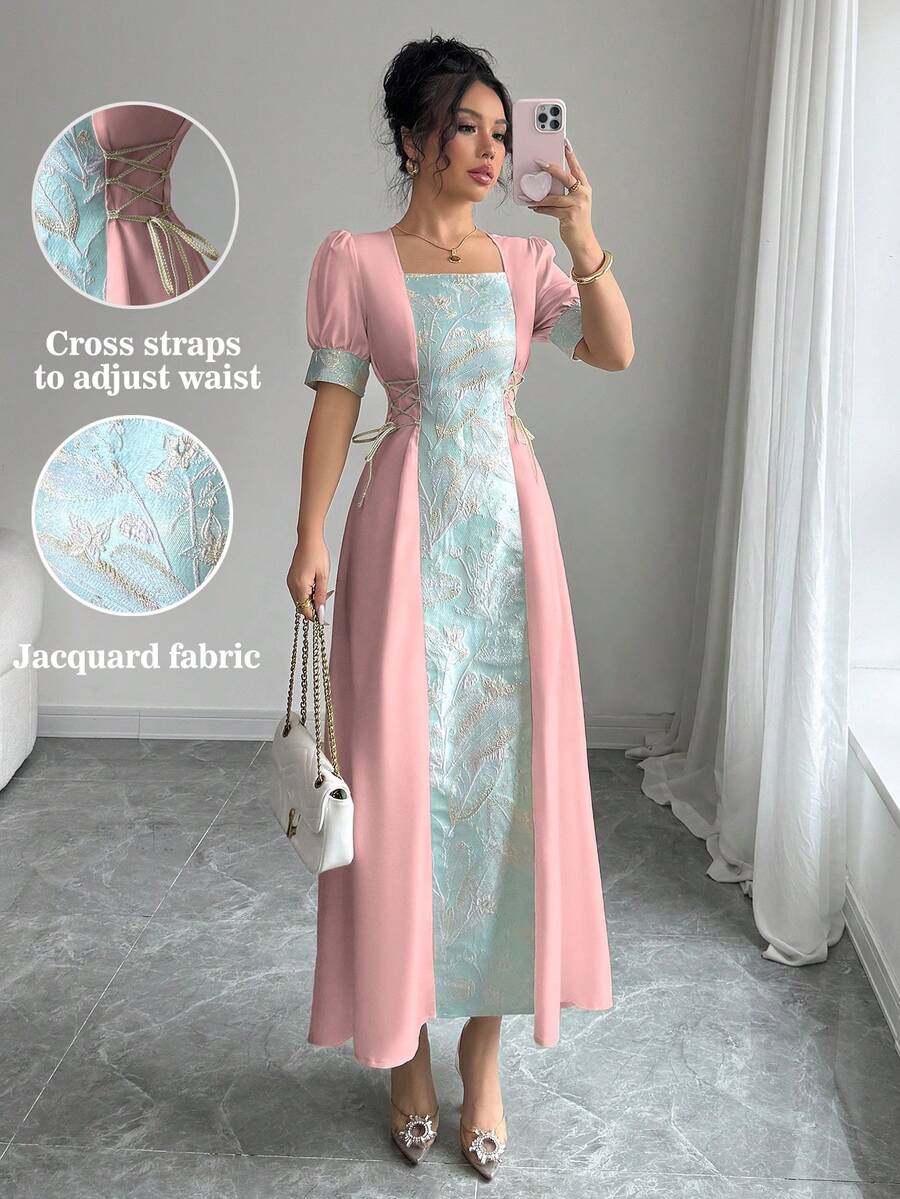 Elenzga Gaun Elegan dengan Kerah Bertali Serut dan Motif Jacquard untuk Wanita - Berwarna merah muda - View 1