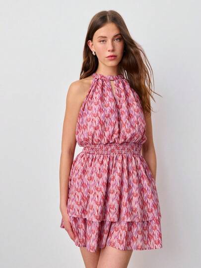 Nöista Printed Sleeveless Dress With A High Halter Neck With A Keyhole Detail And A Smocked Waist And Ruffle Skirt. Spring, Summer, Outfit Day.