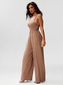 Denimoi Sleeveless Cinched Waist Wide Leg Jumpsuit Casual Jumpsuits Sexy Jumpsuits Everyday Jumpsuits - Brown - View 4