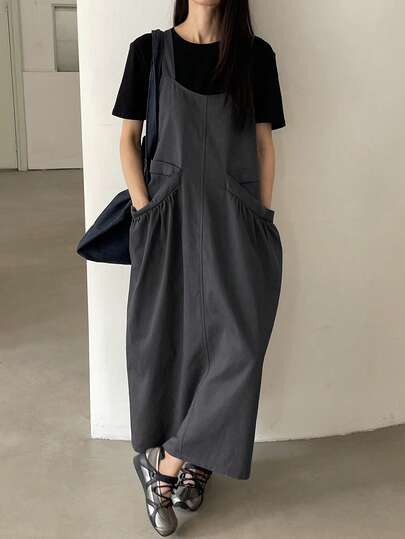 DAZY Đầm yếm midi dáng rộng, màu trơn, thoải mái, có túi dành cho nữ