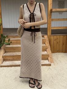 Livesso Women's Hollow Out Lace-Up Knitted Vest And Knitted Mini Skirt 2 Pieces Set, Vacation - Apricot - View 5