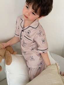 DAZY 小男孩卡通熊单排扣短袖上衣和裤子睡衣套装 - 卡其色 - 查看 1