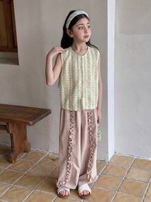 DAZY Tween Girl Round Neck Single-Breasted Vest Shirt And Frill Trim Pants Set Summer Vacation - Pink - View 3