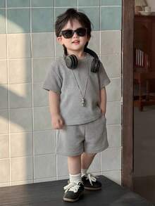 DAZY 2pcs/Set Baby Boy Korean Style Round Neck Short Sleeve Casual T-Shirt And Shorts Set Summer - Grey - View 3