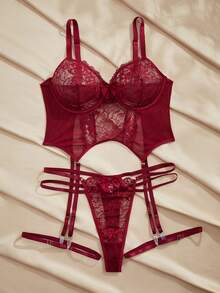 Seduluxe Bộ đồ lót ren phối nhiều mảnh cỡ lớn 4 món - Màu Đỏ Sâu - Xem 1