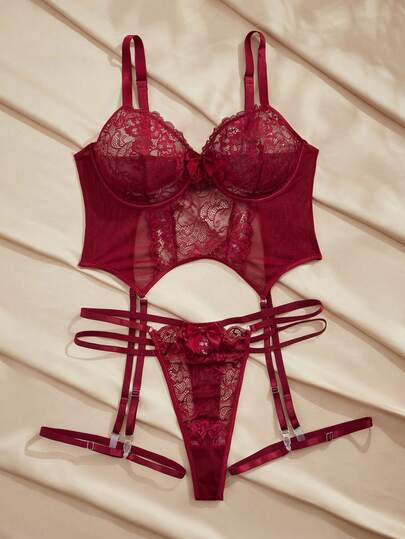 Seduluxe 4pcs Plus Size Lace Patchwork Lingerie Set