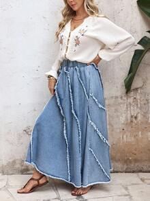 EMERY ROSE 度假休闲水洗毛边长款牛仔裙 - 藍色 - 查看 4