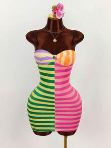 Amplova 2026 New Arrival Colorful Striped Low-Cut Bustier Mini Dress For Women - Multicolor - View 2