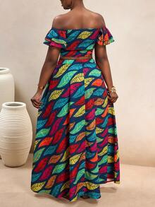 VaVaBold Women's Casual Blue Leaf Print Off-Shoulder Cropped Top And High Slit Skirt 2-Piece Set,Boho Beach Summer Holiday Outfit,Summer Dresses For Women - Multicolor - View 2