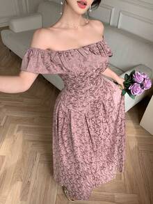 DAZY Women's Elegant Floral Off-Shoulder Ruffle Blouse And A-Line Skirt 2-Piece Set, Summer - Pink - View 7