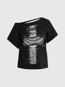 ROMWE Grunge Punk Y2K Punk Cross Rivet Design Laser Cut Loose Fit Solid Color T-Shirt, Versatile - Black - View 1