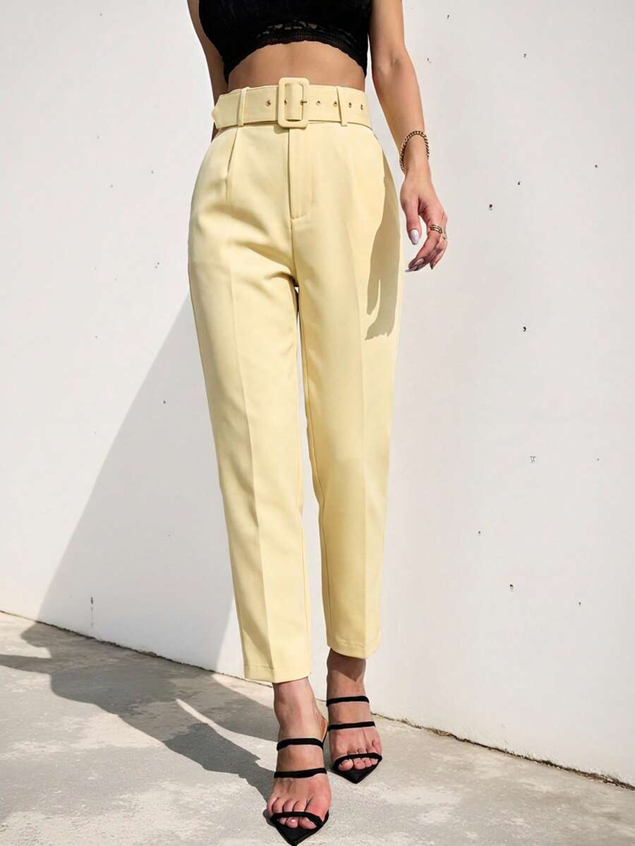 Aveloria Modichic Solid Belted Tapered Pants - Light Yellow - View 1