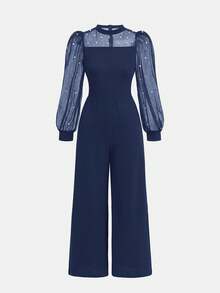 Pitira Kids Teen Girl Knit Contrast Mesh Beaded Round Neck Long Sleeve Jumpsuit Royal Blue Formal Jumpsuit Jumpsuits For Women Runway Jumpsuit Formal Jumpsuit Formal Jumpsuit For Girls Teen Royal Blue Dress Jumpsuit Jump Suit Runway Jump Suits For Teenage Girls Jumpsuits For Woman - Navy Blue - View 2