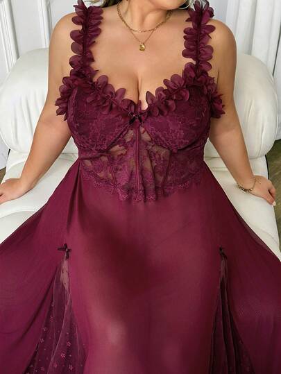 SHEIN CURVE+ Plus Size Women's Three-Dimensional Floral Solid Color Dress, Vacation Dress, Sexy Burgundy Long Dress