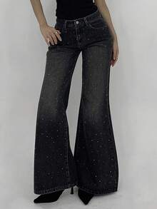 DAZY 女士宽松喇叭破洞水洗牛仔裤，饰有水钻，韩版风格 - 灰色 - 查看 4