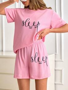 SHEIN Cotton Women 2 Pcs Pink Contrasy Colour Sleep Lettered Pattern Detail Top& Elastic Waist Solid Shorts Homewear Casual Pajama Sleep Lounge Set Loungewear Sleepwear Women Pajama Sets Short Cute Sleep Wear - Pink - View 5