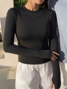 DAZY 女士纯色弹力高领修身长袖外套，休闲运动风，春秋季 - 黑色 - 查看 3