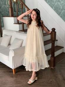DAZY Girls' Summer Mesh Dress, High-End New Design, Children Princess Dress, Big Girls Summer Outfit - Apricot - View 8