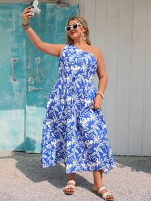 Vivid Eden 大码女装春夏时尚休闲优雅浪漫度假日常印花不对称修身连衣裙，面料柔软舒适，蓝色连衣裙 - 藍色 - 查看 4