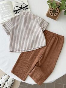 LMoss Kids Baby Boy Casual Button Half-Placket Pocket Striped Short Sleeve Shirt And Pants Set - Multicolor - View 2