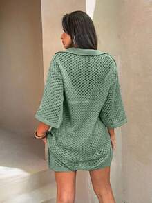 EURMUSE Casual Tropical Oversized Mesh Knit Top With Polo Collar - Perfect For Layering In Sage Green Set With Shorts Beach Vacation Summer - Mint Green - View 2