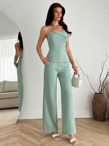 SHEIN Women Two Pieces Outfits Tops And Pant Sets - Mint Green - View 4