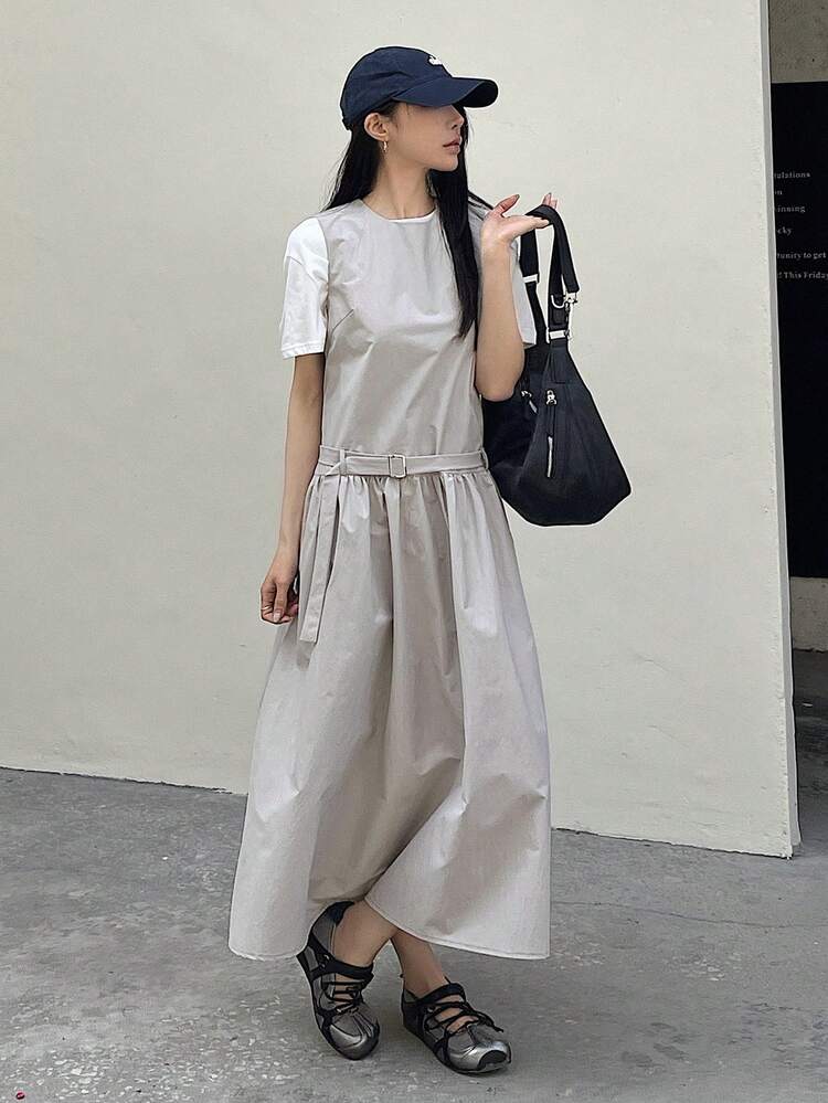 Women's Solid Color Round Neck Waist Buckle Design Casual Sleeveless Mid-Length Dress Sun Dresses For Women Summer