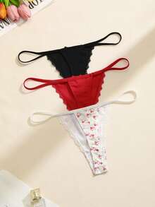 PetitDoll 3pcs/Set Celana Dalam Thong Wanita Motif Bunga Pita Patchwork Renda - MultiWarna - View 4