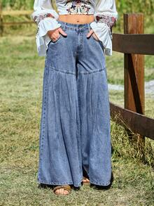 Breezaya Damen weite Bein Plissee Vintage Design Schlankheits Jeans - Helle Waschung - Übersicht 4