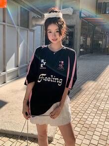 DAZY 女士圆领撞色英文印花短袖T恤图案T恤 - 黑色 - 查看 6