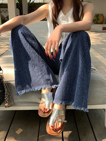 DAZY 女士纹理宽松喇叭韩版休闲牛仔裤