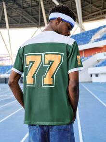 EVRINFINITE 男士夏季时尚街头风T恤，休闲圆领短袖上衣，3D数字印花 - 黑色配橙色77，夏季足球服 - 軍綠色 - 查看 2