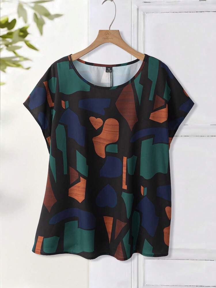 Plus Size Women's Summer Casual Vacation Country  Style Casual Vacation Loose Fit Geometric Print Round Neck Short Sleeve  Blouse Top Shirt, Spring/Summer,Summer Holiday,Spring Break Outfits ,Vacation Outfits Women ,Holiday Outfits For Women,Going Out Outfits,2026 New Clothes,Simple And Fashionable For Everyday Wear,Casual Vacation Boho Top,