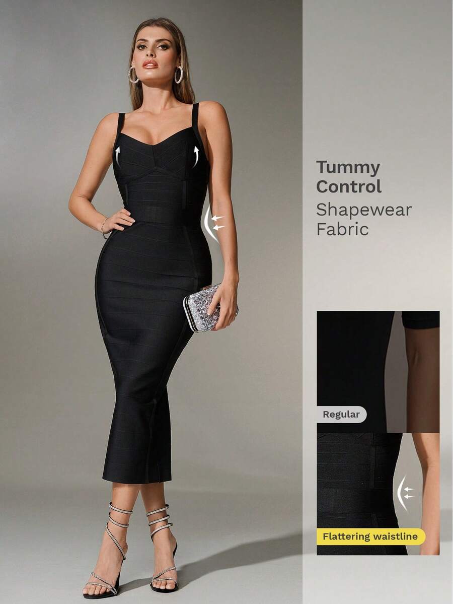Nuvra Bandage Bodycon Revealing Silhouette Sexy V-Neck Spaghetti Strap Party Dress Tummy Control Dress Bandage Dress For Women Bodycon Maxi Dress Women Long Bodycon Dress Tight Long Dress - Black - View 1
