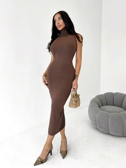 Shopreo 极简主义办公室休闲高领无袖修身合身 H 型下摆超长女式毛衣连衣裙，灰色