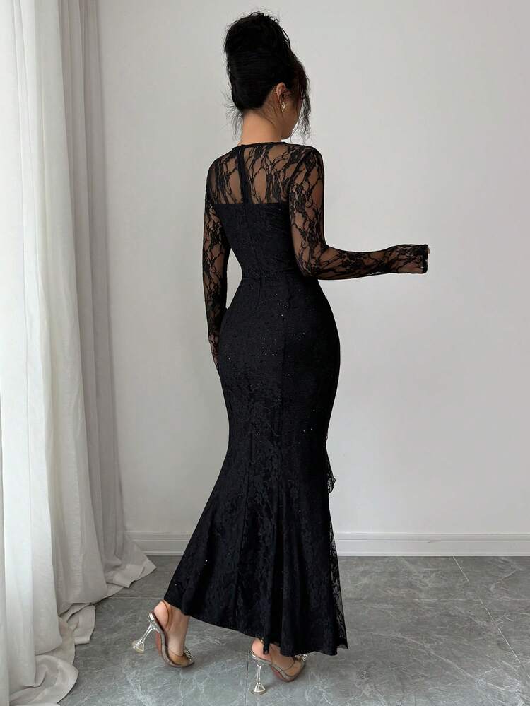 Women's Elegant Lace Ruffle Hem Midi Dress, Summer Sundress