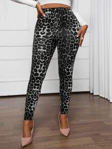 SHEIN Lady Four Seasons Leggings Cheetah Bottoms Women's High Waist Leopard Print Skinny Casual Leggings Summer Summer Outfits Summer Clothes Women's Joggers Leopard Print - Grey - View 5