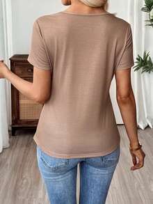 Silhoulove Women's Casual Vacation Rhinestone Leopard & Floral Print Short Sleeve T-Shirt, Suitable For Daily Commute - Khaki - View 2