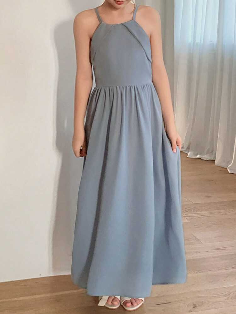 Tween Girl Elegant Vacation Party Banquet Minimalist Solid Color Cold Shoulder Waist Cinched Dress