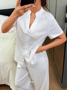Dream Adore Bộ đồ ngủ nữ kiểu Trung Quốc tối giản, cổ chữ V, cài cúc. - trắng - Xem 5