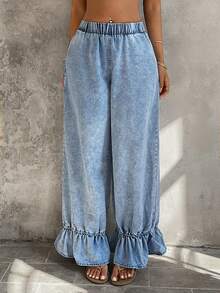 Sunnyshic Quần jeans nữ cạp chun xếp ly, kiểu dáng thường ngày, đa năng. - Màu xanh lam - Xem 3