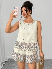 Breezaya Plus Size Brown Boho Summer Vacation Holiday Two-Tone Round Neck Sleeveless Shirt Elastic Waist 3/4 Shorts Set Party Gym - Apricot - View 8