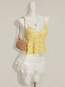 Sweetina 女士多层荷叶边提花面料吊带背心 - 淡黃色 - 查看 4