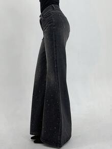 DAZY 女士宽松喇叭破洞水洗牛仔裤，饰有水钻，韩版风格 - 灰色 - 查看 5