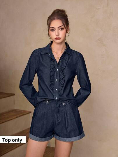 Selenza Women's Casual Washed Denim Shirt With Ruffle Hem