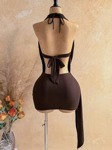 Soleia Đầm ngắn không tay cổ yếm màu trơn dành cho nữ, kiểu boho, xếp ly, khoét lỗ, phong cách bohemian, thích hợp cho kỳ nghỉ, mùa thu, vintage, lễ hội. - màu nâu - Xem 2