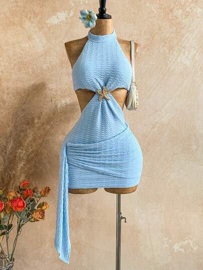 Soleia New Vacation Halter Waist Hollow Out Bodycon Ruffle Mini Dress, Bohemian, Boho, Vacation, Fall Women Clothes, Vintage, Holiday,,Blue Dresses For Women, Summer Outfit For Women