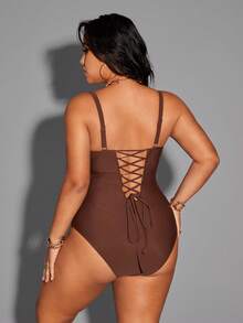 Shapewave Áo tắm liền thân cỡ lớn, màu trơn, chất liệu vải dệt kim, dây mảnh, lưng chéo, có dây rút, giúp tôn dáng. - màu nâu - Xem 2