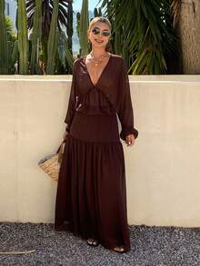 Livesso Summer Vacation Outfit - Loose V-Neck Sheer Top And Casual Skirt Set For Women - Coffee Brown - View 4