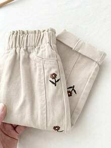LMoss Kids 女婴花卉刺绣宽松锥形卡其色牛仔裤 - 杏色 - 查看 3